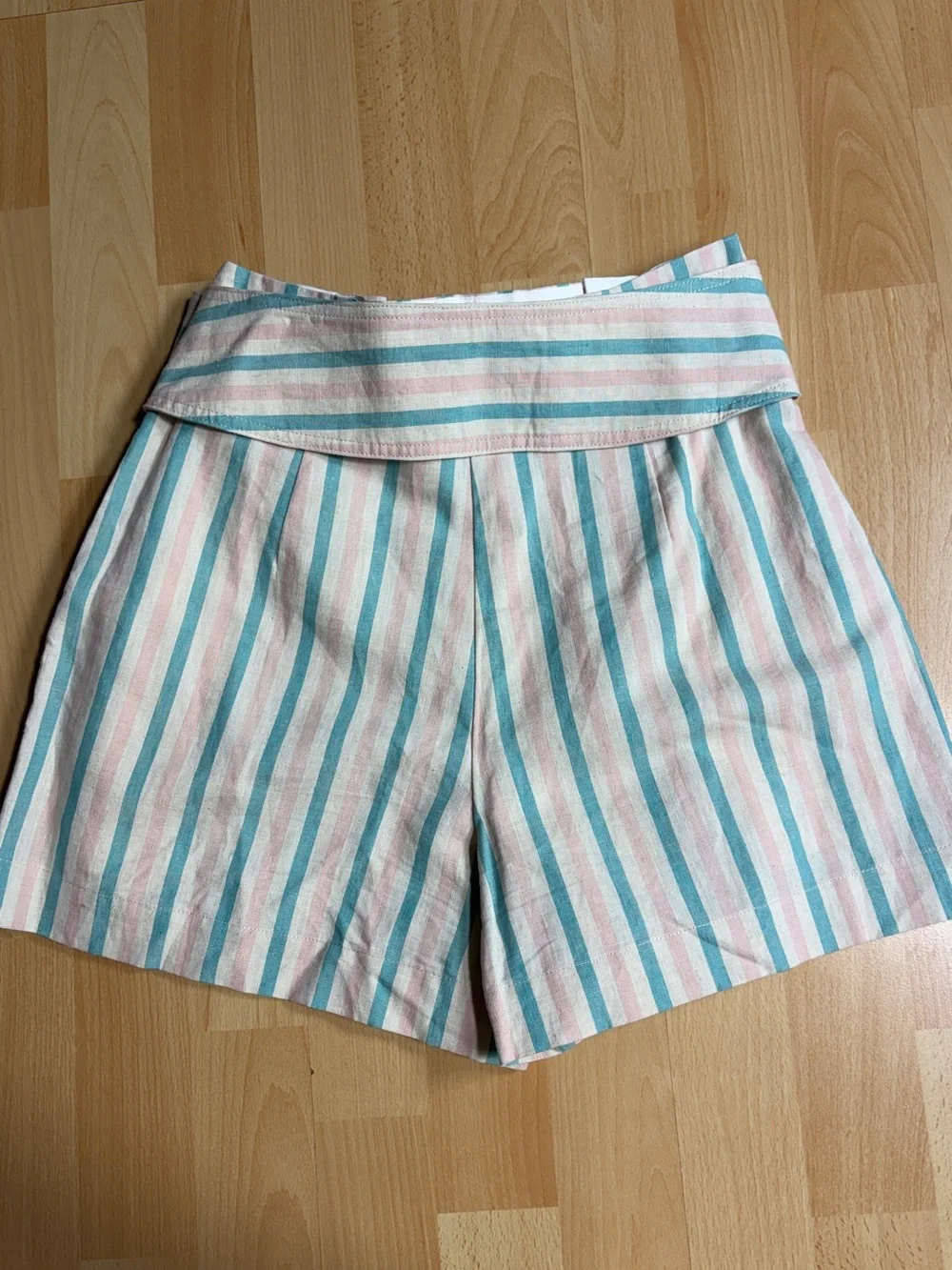 Sezane Tyson Cream & Aqua Striped Linen Cotton High Waist Belted Short Small